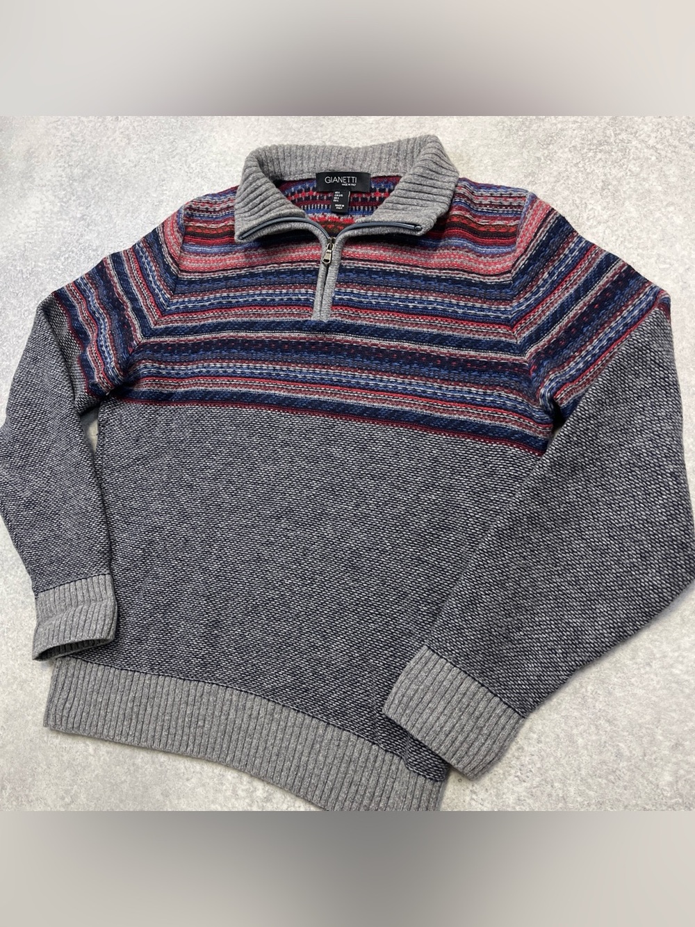 Gianetti Made in Italy Multicolor Red Blue Gray Wool Knit Quarter Zip Sweater